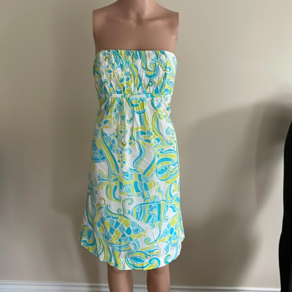 EUC Lilly Pulitzer blue green white tube (strapless) dress size 6